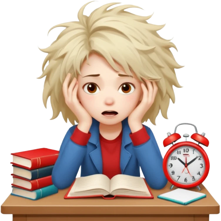 A student girl is sitting in a panic and chaos. On the table, there are a bunch of books, notebooks, and a phone with a red alarm clock on the screen. emoji