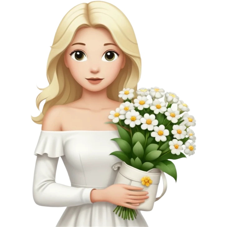 blonde woman in a white off-shoulder dress with long sleeves and a bouquet of white flowers in a white bag in her right hand emoji
