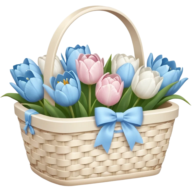 A white Picnic basket with pastel blue bow, white peonie, tulips emoji