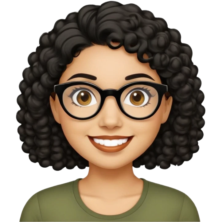 Hispanic woman with light tan skin. Round face with dimples. Dark eyes with black glasses. Thick eyebrows. Short curly black hair. Big smile. Wearing olive green top. emoji