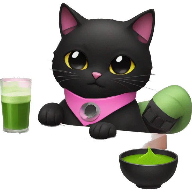 black cat with pink collar drinking matcha next to dj deck emoji