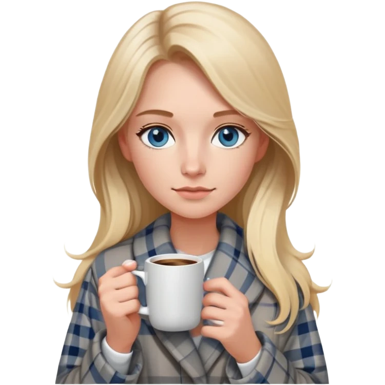 girl
blue eyes
long blond hair
wearing grey plaid housecoat
holding a white mug of coffee
wearing rose gold apple watch  emoji