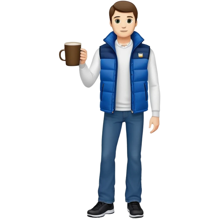 full body man with long sleeve white shirt with blue puffer winter vest with no pockets wearing straight long boot cut levi blue jeans with no cuffs and black tennis shoes holding a coffee mug in one hand in front of him and nothing in the other hand with his weight on one leg emoji