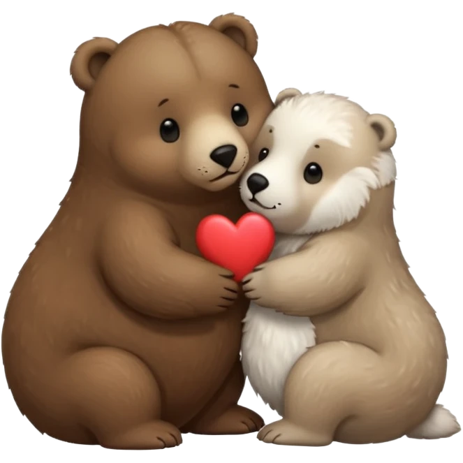 small white seal kissing a big brown bear with a heart between them emoji