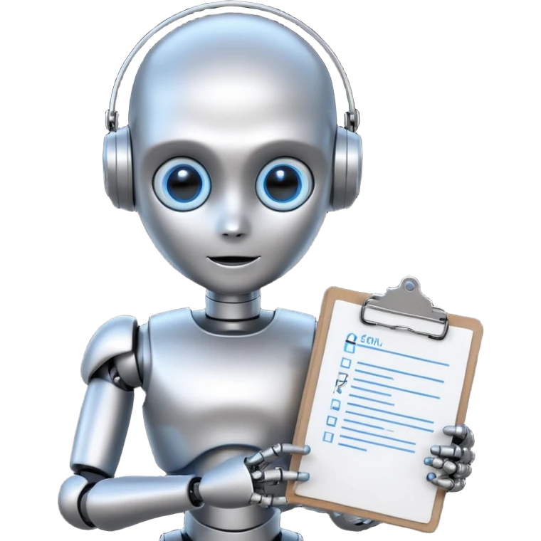 Portrait of a small humanoid robot with round head, metallic limbs, glowing eyes, holding a clipboard emoji