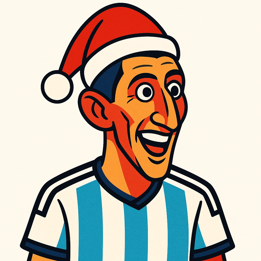 Ángel Di María with a Christmas hat, colorful cartoon style, white background emoji