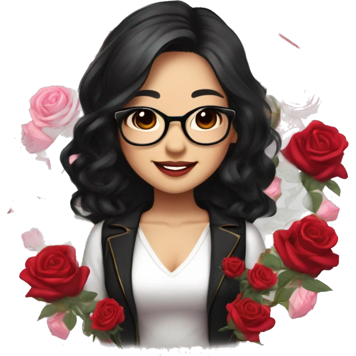 Asian girl, smiling with teeth and dimples on the cheeks, fair skin, black long hair, black eyes, black glasses with gold frames, red lipstick, wearing a white lace tank top and a black office jacket on top, with pink and red roses around her, chibi. emoji