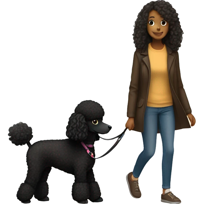 3 legs One Small unshaved Black Poodle with brown harness is walking with a black long hair pretty girl emoji
