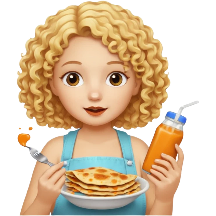 mujer con pelo rubio rizado comiendo quesadillas quemadas sabor bebé. emoji