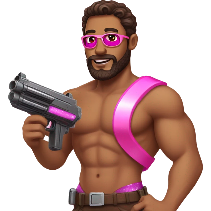 Tan man with dark brown hair, brown eyes, and a beard, holding a sparkly pink nerf gun wearing a bikini emoji