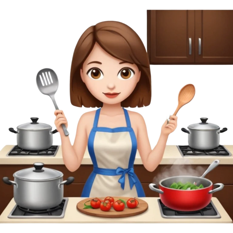 Showing from back Girl white skin, brown hair wearing mini dress sexy cooking dinner in kitchens  emoji
