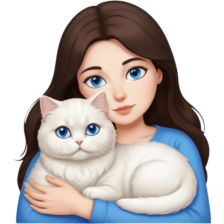 Brunette woman snuggling white Persian cat with blue eyes emoji