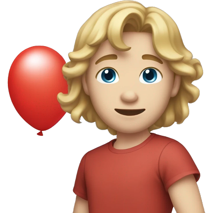 Blonde teen boy with medium light brown hair, blue eyes, red top and holding a ballon emoji