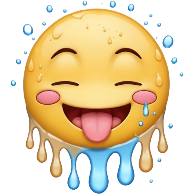 Smiley face emoji, closed eyes, tongue out, tongue dripping water, white splatters emoji