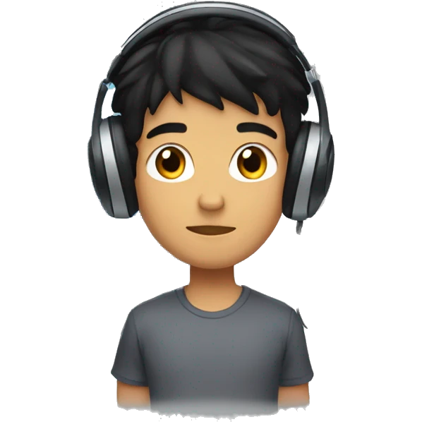 a boy with black hair and a tanned complexion, with a small barely visible moustache. He wears headphones and uses a laptop.  emoji