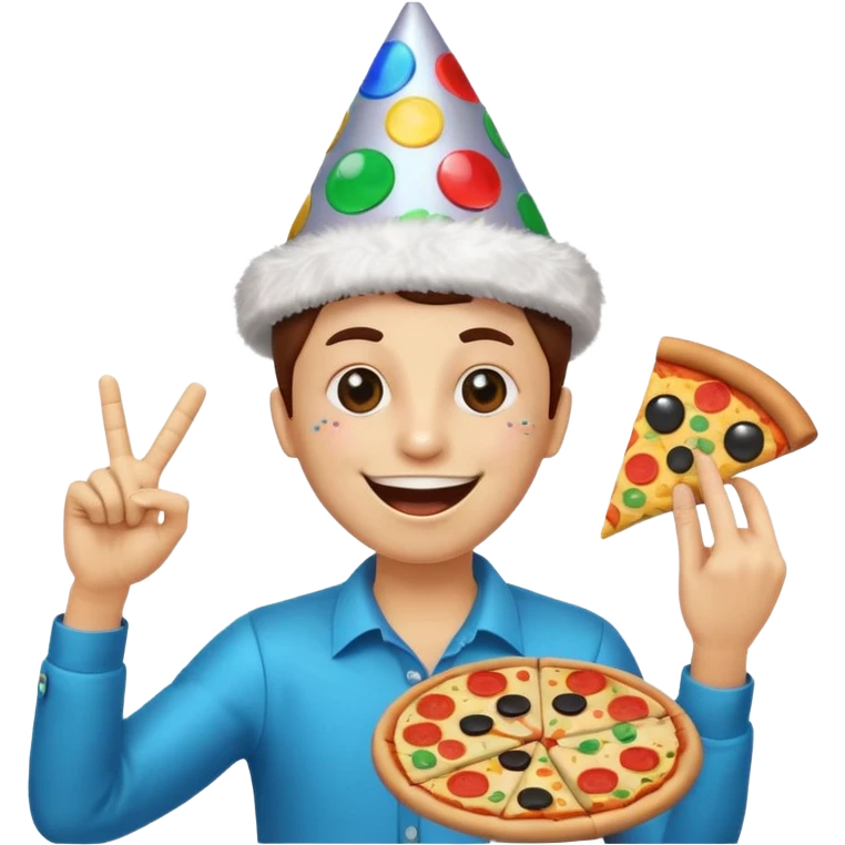 funny emoji called 'party Overload': laughing face with disco ball eyes, tilted party hat, making a finger gun with one hand, holding pizza in the other emoji