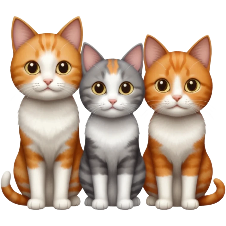 3 different coloured tiny short haired cats, including a dark grey and white cat, a ginger and white and a brown tabby and white emoji