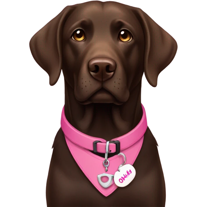 Dark brown labrador with pink collar and name tag that says Oakley emoji