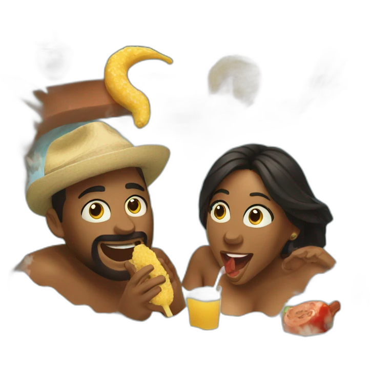 Two people singing into mics in a hot tub while eating a Cajun dinner emoji
