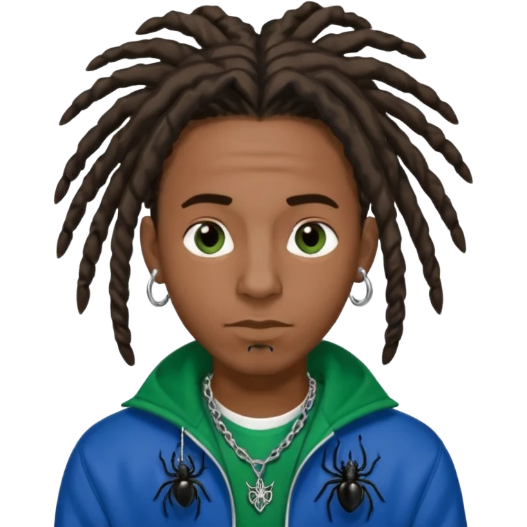 create a black male with locs and silver ear piercings and a left nose piercing and a spider necklace that’s black along with a varsity jacket that’s blue and green emoji