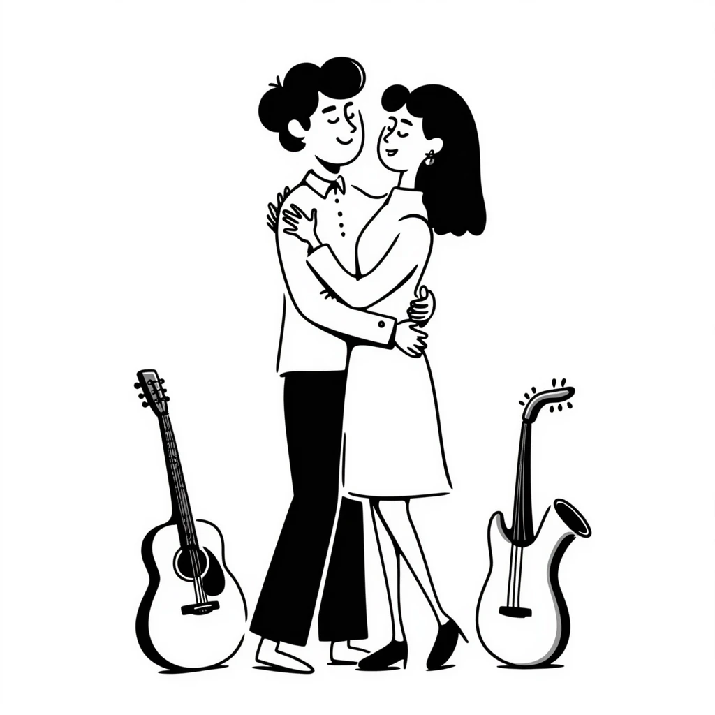 Two happy musicians hugging each other, smiling, friendly embrace, musical instruments nearby emoji