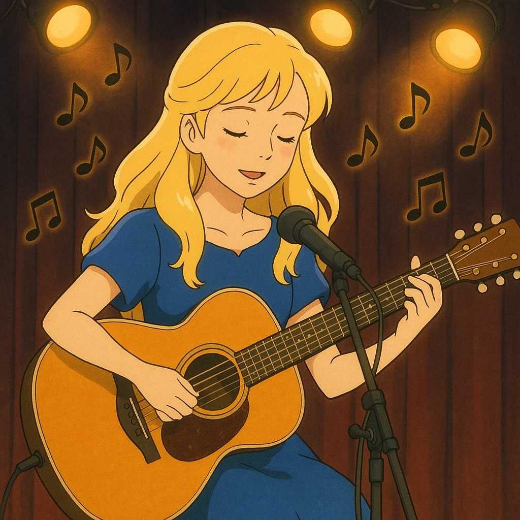 ghibli style illustration of a beautiful blonde girl playing guitar on a stage, music notes in the air, stage lights emoji