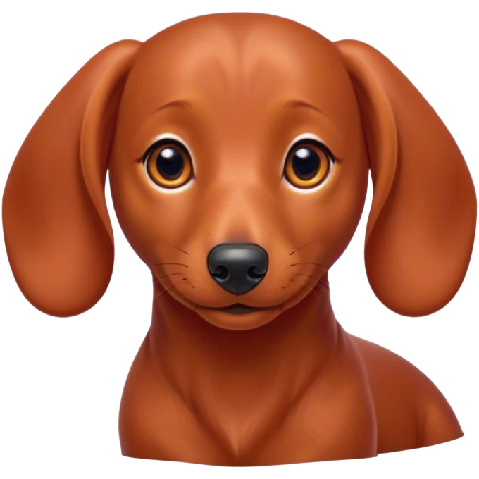 Cinematic Cute Red Dachshund Portrait Emoji, Head tilted playfully and inquisitively, featuring a glossy red coat with a sleek sheen, round, sparkling brown eyes filled with curiosity, Simplified yet irresistibly adorable features, highly detailed, glowing with a warm, friendly glow, high shine, affectionate and spirited, stylized with a touch of whimsy, bright and endearing, soft glowing outline, capturing the essence of a mischievous yet loving pup, so playful it feels like it could dash out of the screen and into your arms! emoji