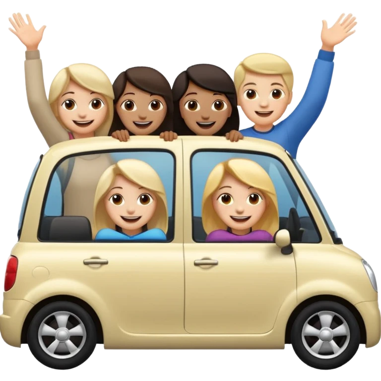 a basic small car with a simple body and low color saturation, five people (mixed genders) sitting inside, all leaning out of the car's side windows, five clear smiling faces, overall in apple standard emoji style, happy and cute expressions on the people emoji