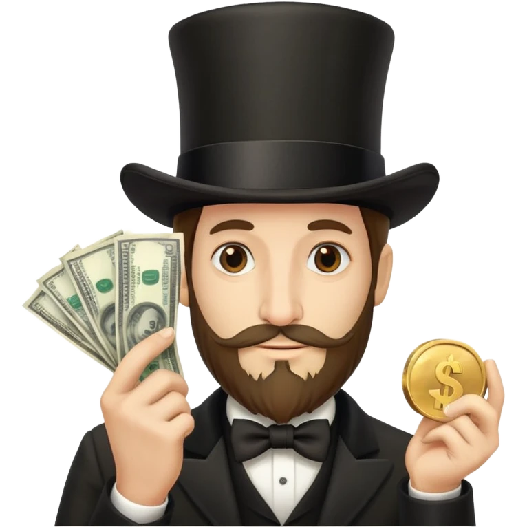 Stereotypical Jew with super long nose,medium hair, and top hat,beard with no mustache holding money emoji