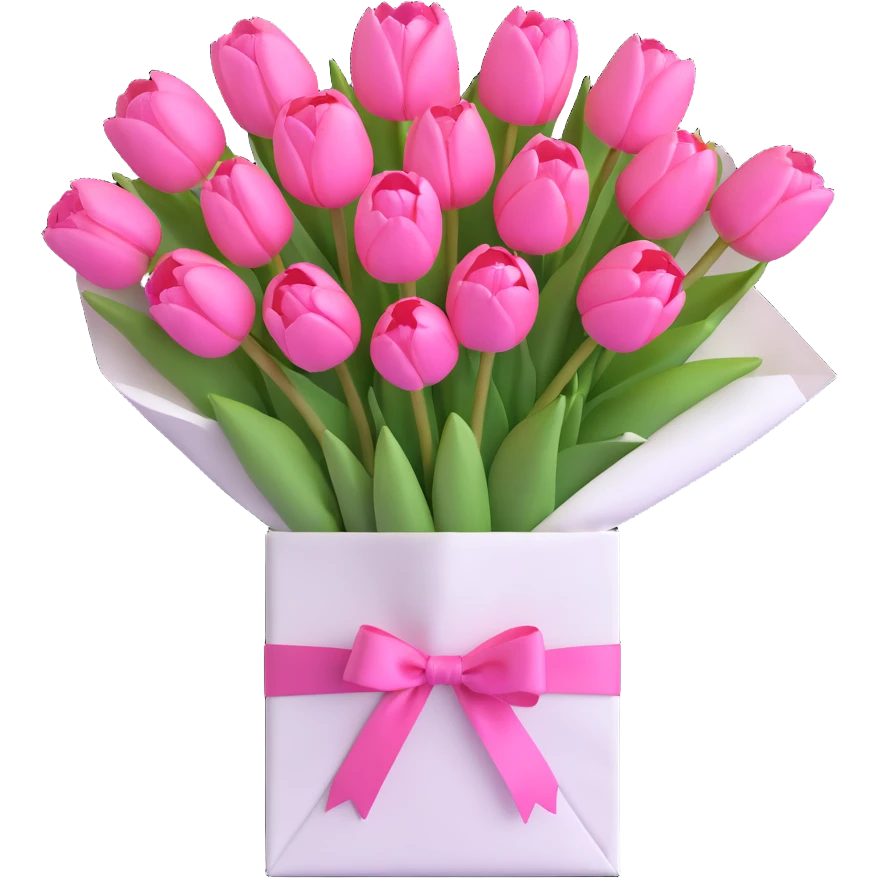 A bouquet of pink tulips in a white paper bag tied with a pink ribbon, in 3D iOS style, pastel colors, soft shadows, clean and minimalistic design. emoji