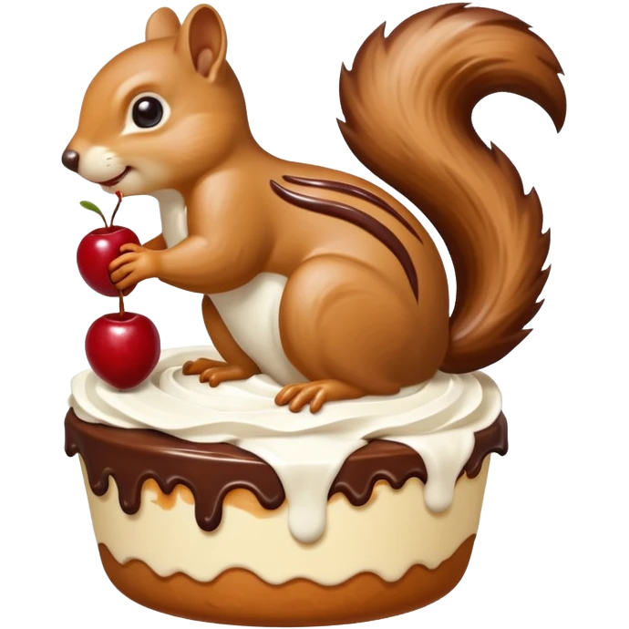A large caramel custard decorated with chocolate and almonds to resemble a squirrel. Whipped cream with streaks of chocolate forms the shape of the squirrel's tail. It is topped with a cherry. emoji
