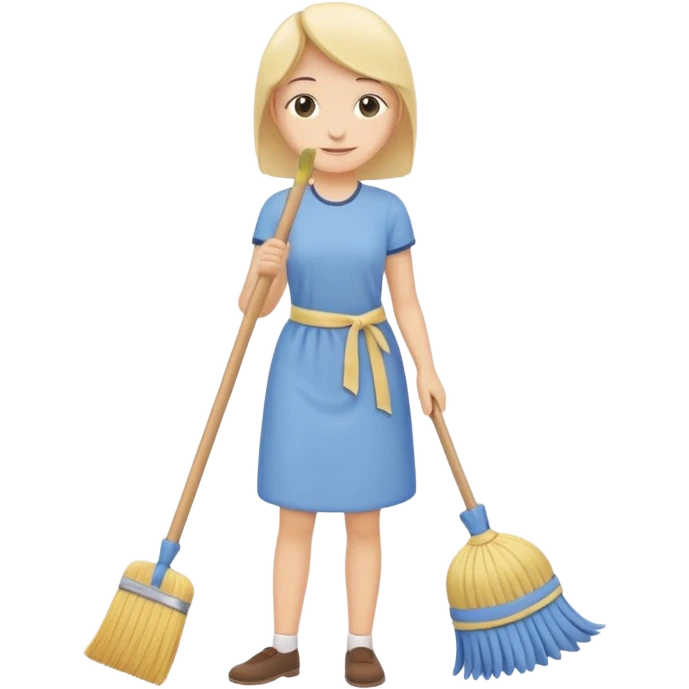 simplified human character calmly cleaning the room, holding a broom or cloth, relaxed smile, peaceful everyday routine, flat custom emoji sticker, soft pastel colors, rounded shapes, minimal details, thick outline, white background, no text emoji