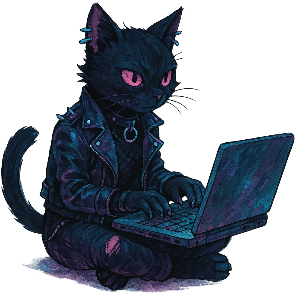  [[[it's a black cat typing at a laptop]]], , punk gothic style, futuristic cyberwave cyberpunk, sitting position
 emoji