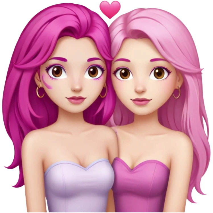 gorgeous pale girl with long magenta pink hair latina makeup next to a gorgeous girl with blonde hair brown eyes and a light pink heart above them both wearing tube tops emoji
