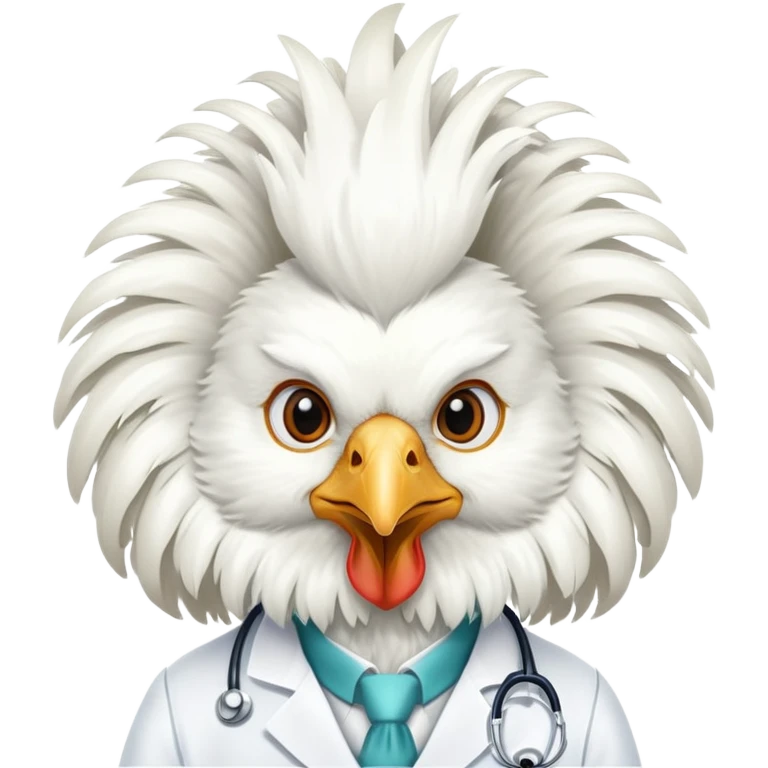 A White Silkie Bantam rooster dressed like a doctor.  The head feathers look like a large, fluffy wig.  emoji
