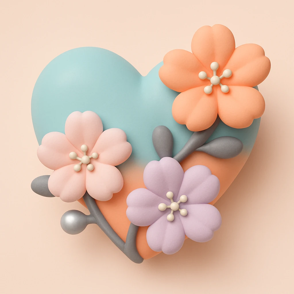 heart with sakura flowers and silver accents, mochi style emoji