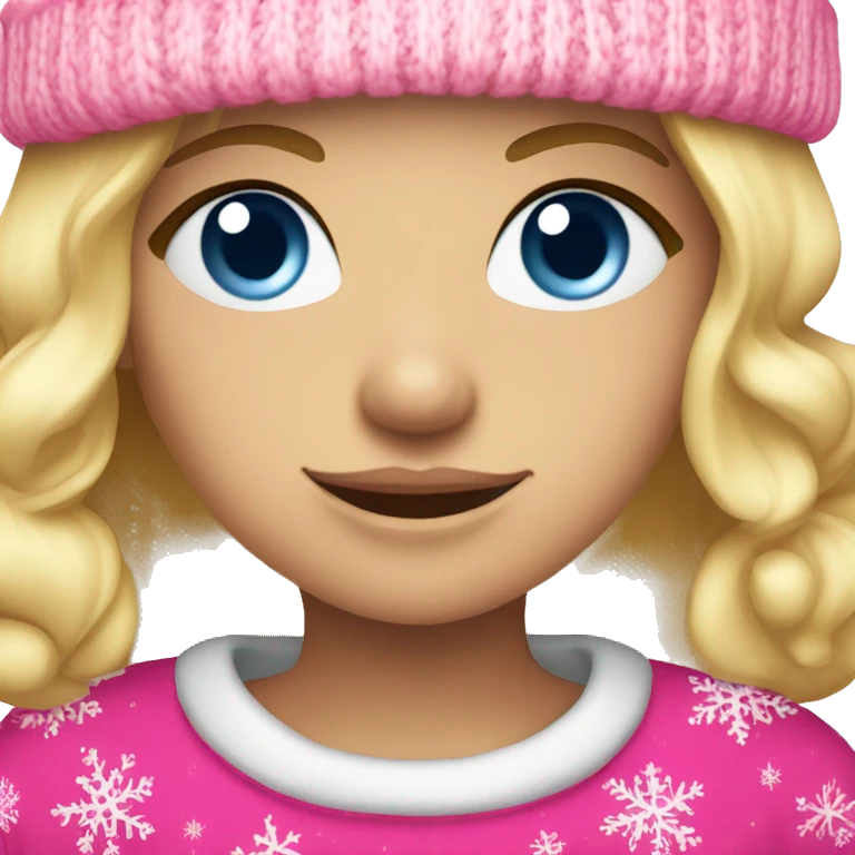 Blonde girl with blue eyes wearing a pink Santa hat and a pink Christmas sweater emoji