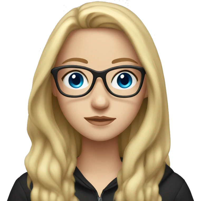 white girl with glasses and long blonde hair and black hoodie and blue eyes emoji