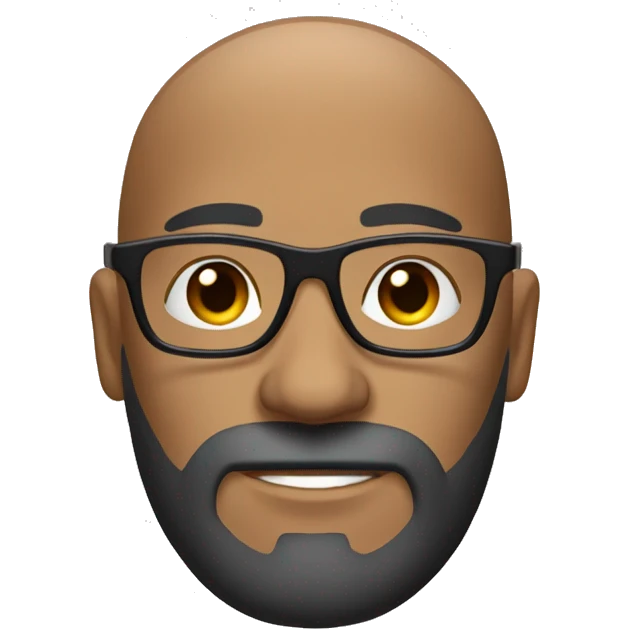 Create a bald man, big long black beard with white highlights, round prescription glasses, and thin eyebrows emoji
