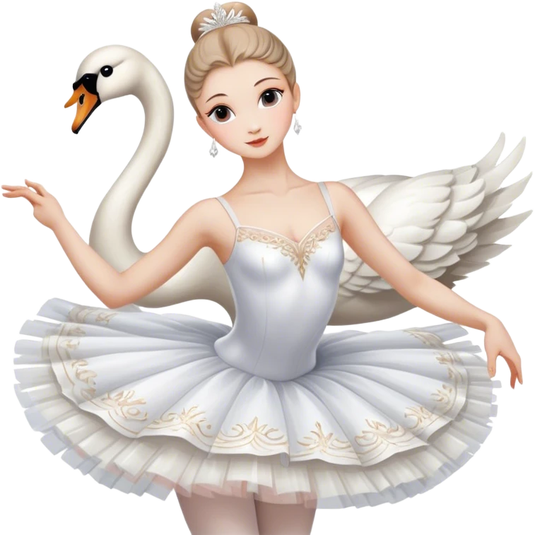 Icon for Ballet: a scene from Swan Lake, with a ballerina in a white tutu performing an elegant pose, surrounded by dramatic stage lighting and swan motifs. The icon should evoke the grandeur of the Bolshoi Theater stage. Transparent background. emoji