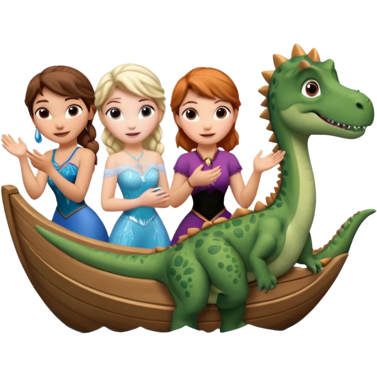 4 chicas montadas en una atraccion de levantando la mano con orejas de dines puestas en una atracción, la barca que sea como la de frozan emoji