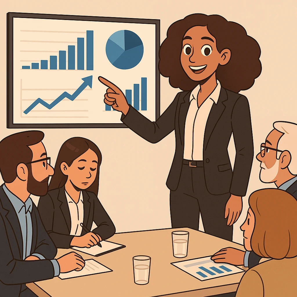 Convert this image to a cartoon style with a confident, successful CEO vibe. The girl should have slightly longer hair and lighter skin tone, maintaining her confident expression and professional appearance. emoji