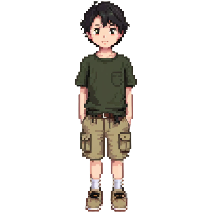 boy wearing an olive-green shirt over a brown T-shirt with beige cargo shorts emoji