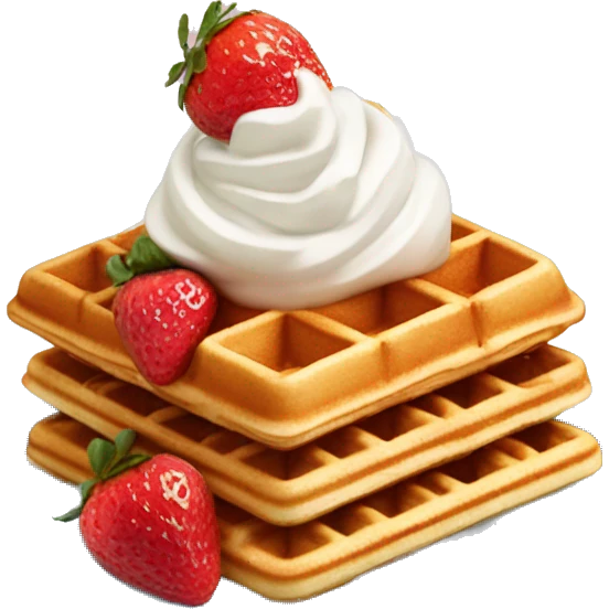 square waffle with dollop of whipped cream and strawberries on top emoji