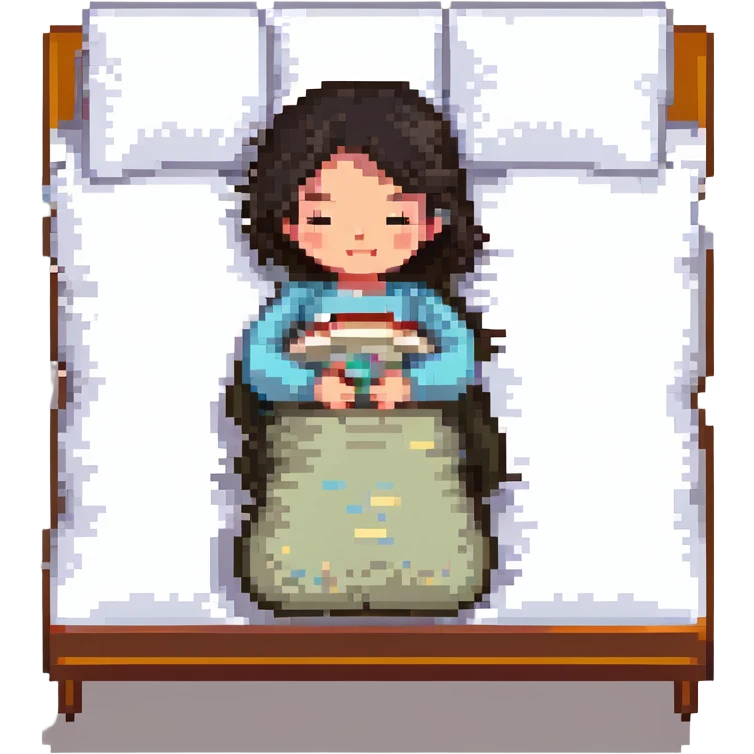 A girl with dark hair sleeping on a baby blue pillow emoji