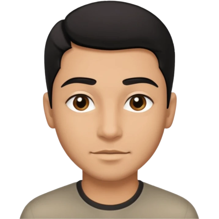 Emoji masculino em estilo 3D / cartoon realista, com pele morena clara, cabelos pretos bem penteados com gel, fios alinhados e com brilho, olhos pretos expressivos, sobrancelhas bem definidas, rosto jovem, expressão simpática e confiante, traços suaves e harmoniosos, sem barba emoji