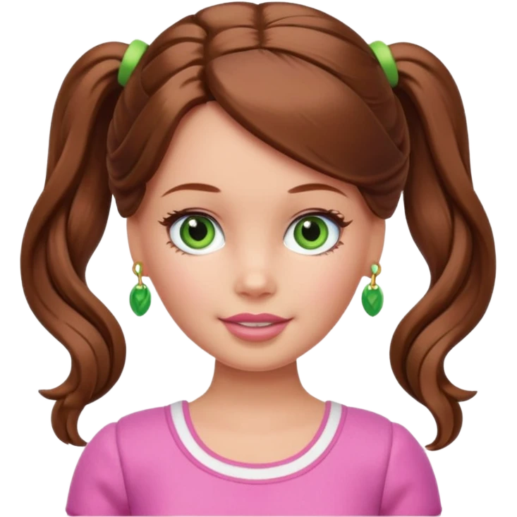 Barbie with brown hair in pigtails and green eyes emoji