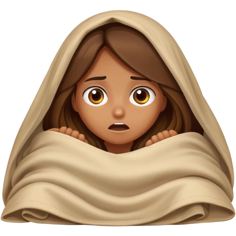 a tanned girl with brown long hair hid under the blanket in bed in fear emoji