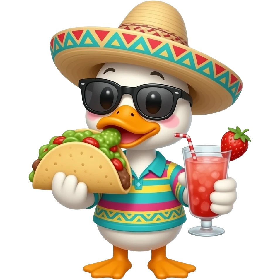 cute animated ducky eating tacos and guacamole,wearing a pancho sunglasses and sombrero drinking a strawberry margarita emoji