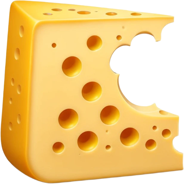 A 3D cartoon wedge of yellow cheese with round holes, bright tone, soft shadow, Memoji-style. emoji